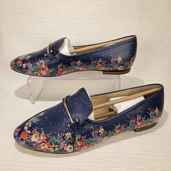 Talbots India Ink Blue Floral Flats Women's 10.5 M Brass Bit Loafers Leather NEW - Picture 2 of 8